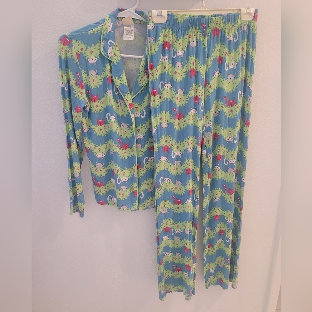 munki munki Women's Pajama Set with christmas Cat Print in Blue and Green XS